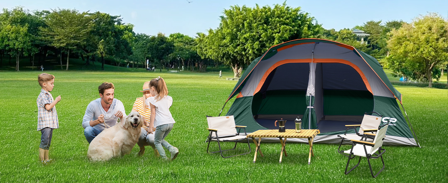 Намет сімейний CAMPROS Campingzelt 6-8 осіб, водонепроникний, 366x274x193 см, швидкозбірний, 4 сезони, з москітною сіткою та тамбуром, темно-зелений