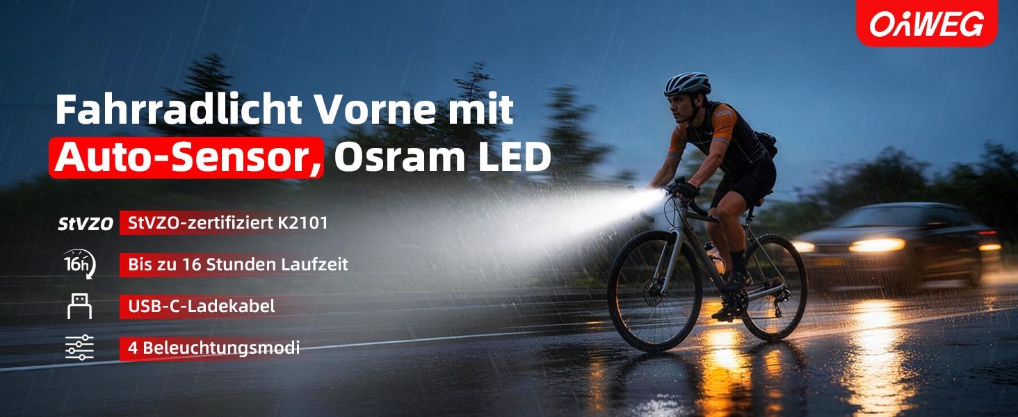 Передній велосипедний ліхтар Osram LED зі смарт-сенсором, 4 режими освітлення, USB-C зарядка, IPX4 вологозахист для міського велосипеда, електровелосипеда та MTB