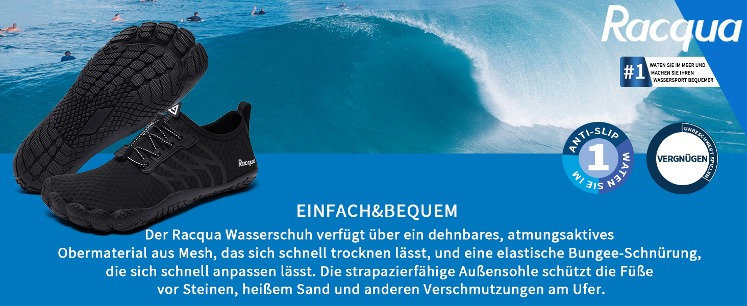 Водні черевики Raqua для жінок та чоловіків: дихаючі, швидковисихаючі, для плавання, басейну та пляжу. Розмір 39 EU, колір чорний. Модель Wz119