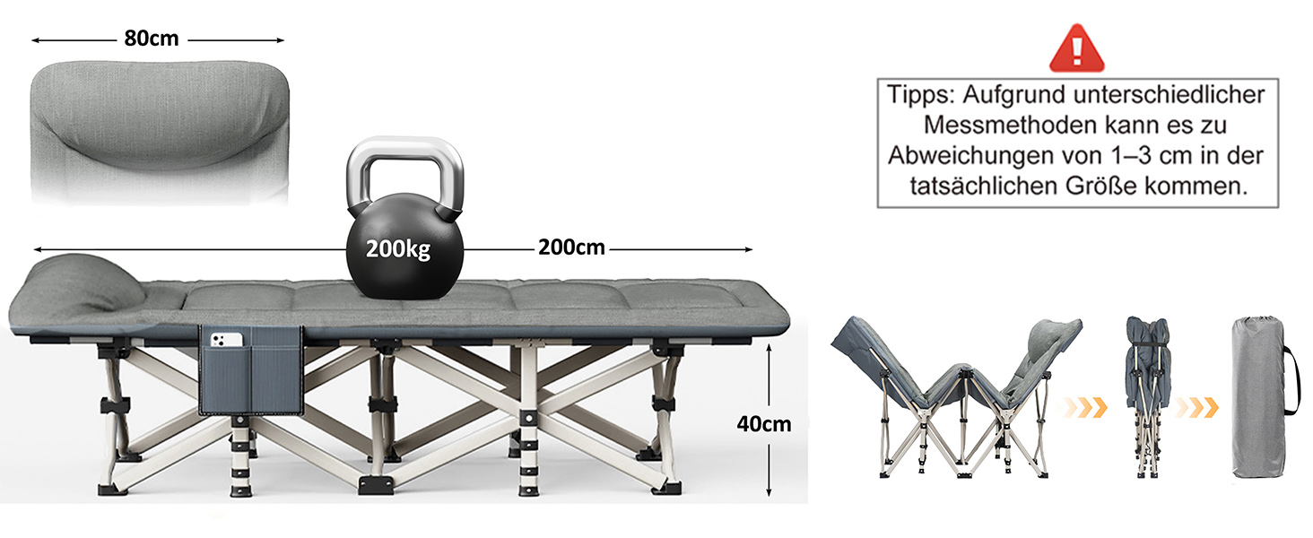 Кемпінгове ліжко Caliyo складне, з матрацом 200 x 80 x 40 см, до 200 кг, з мішком для зберігання, сірий