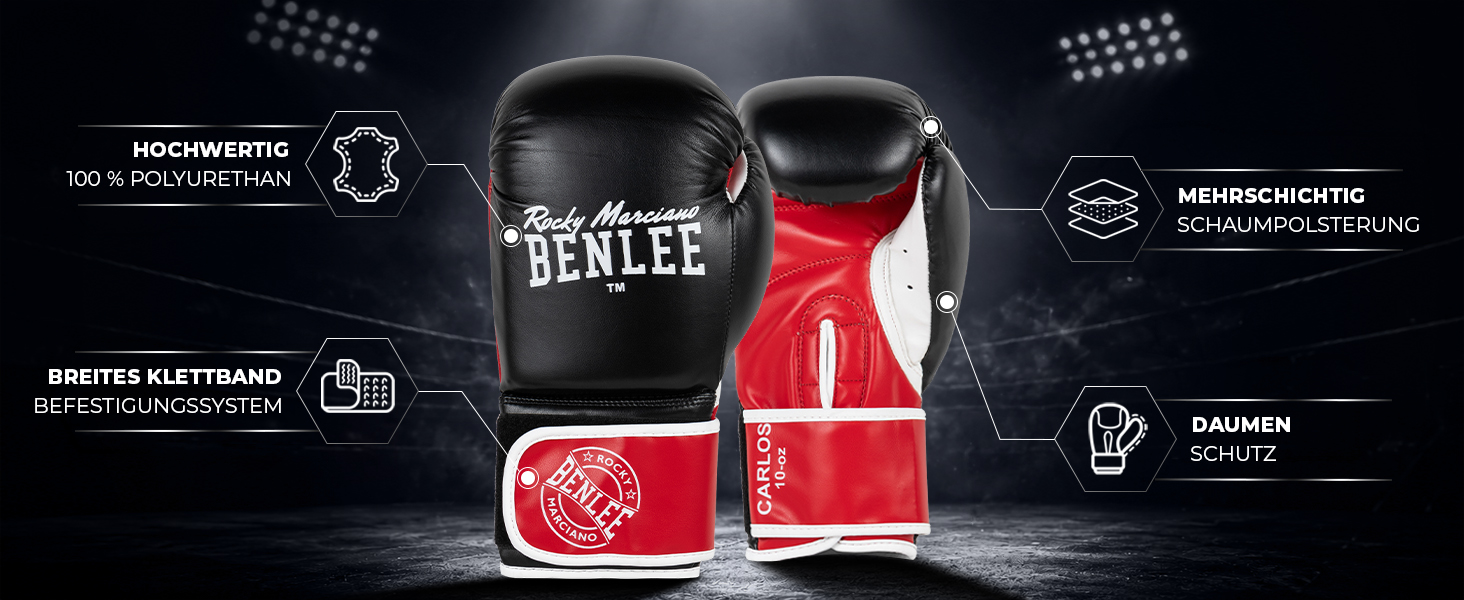 Боксерські рукавички BENLEE Carlos для тренувань та кікбоксингу, 14 oz, чорний/золотий — з амортизуючою піною та застібкою-липучкою