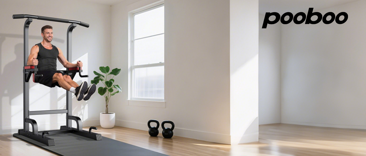 Силовий комплекс Pooboo Power Tower: багатофункціональний турнік з брусами для дому, 11 рівнів регулювання висоти, еластичні стрічки, чорний