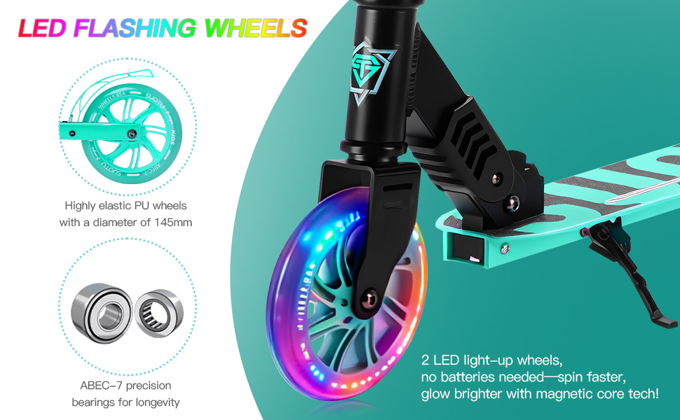 Самокат дитячий SUOTU з колесами 145 мм, до 100 кг, світлодіоди, складаний, регульована висота, для хлопчиків та дівчаток, алюмінієвий (Чорно-синій)