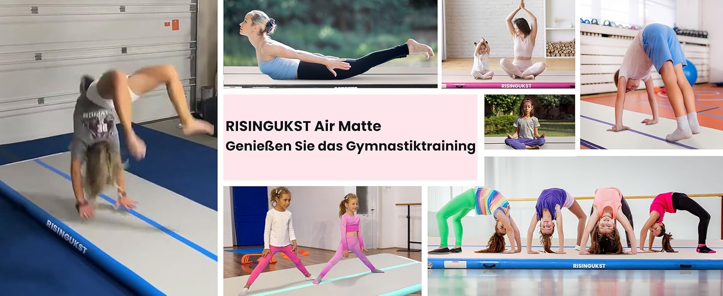 Надувна гімнастична матка RISINGUKST Air Matte Track - 300x100x10 см, 10 см заввишки, з повітряним насосом, зелено-біла (рожева)