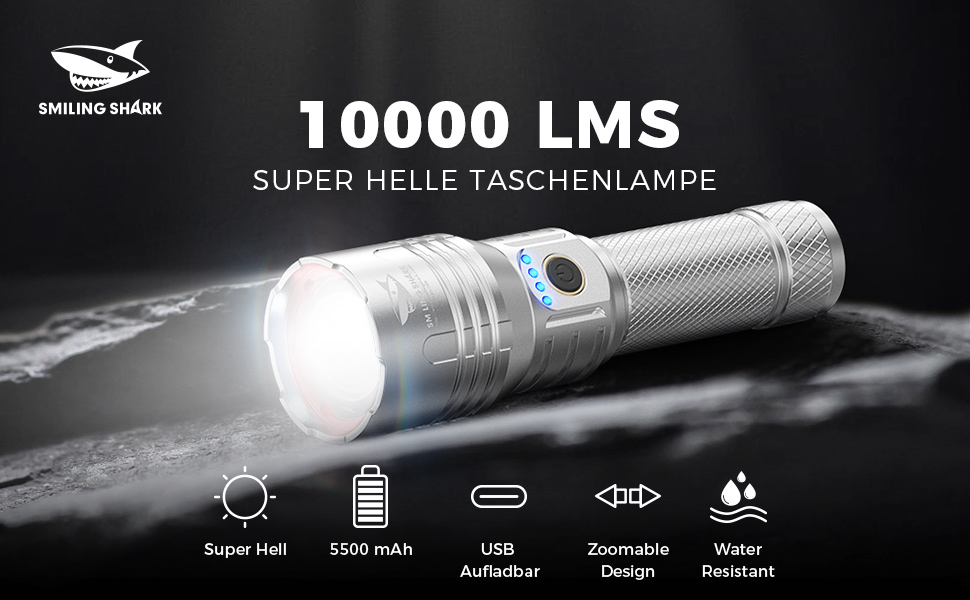 Ліхтар LED Smiling Shark SD-7009: 10000 люмен, Zoom, водонепроникний, для кемпінгу, риболовлі та активного відпочинку
