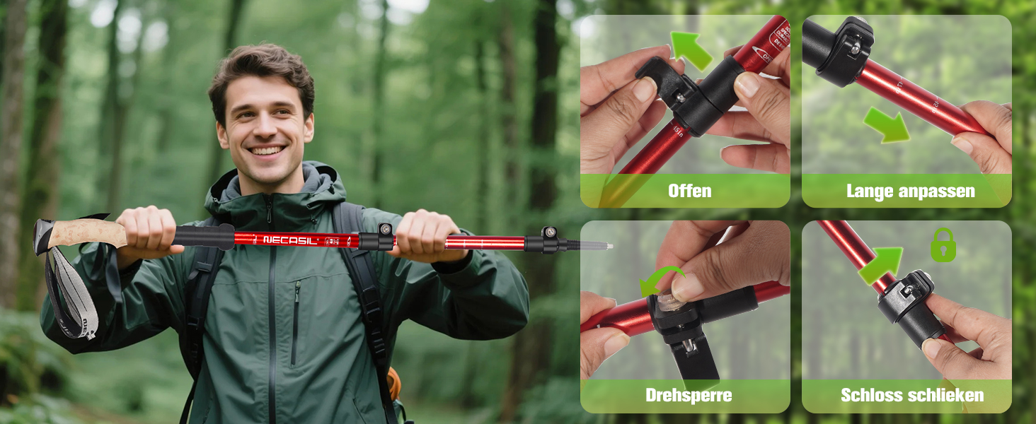 Телескопічні палиці для скандинавської ходьби з алюмінію, регульовані та складні, з корковими ручками для жінок та чоловіків, 62–135 см, червоні (Upgrade 2025)