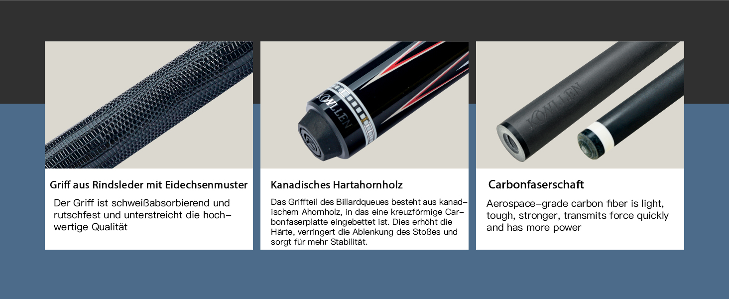 KONLLEN Billardqueue з карбону, 58 дюймів, професійний більярдний кий для дорослих, технологія Vollcarbon, низький рівень відхилення, наконечник 12.5 мм (Pro Taper, ультрагладкий) (KL-08)