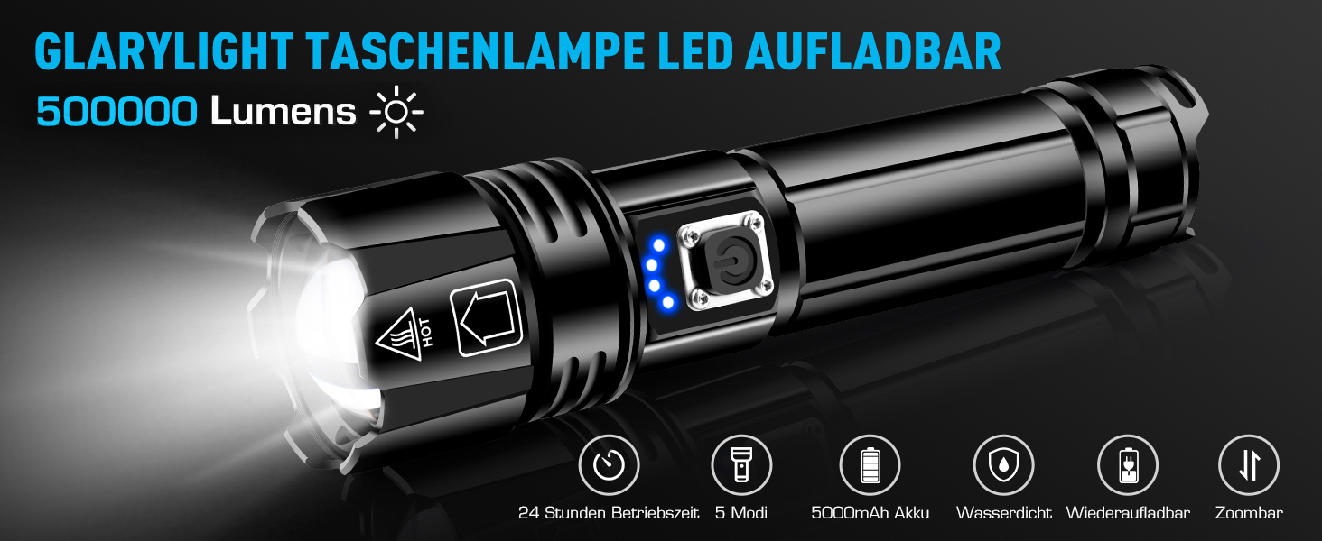 Ліхтар LED Glarylight XHP70.2 500000 Lux, перезарядна тактична лампа з 5 режимами та регулюванням фокусу, водонепроникна IPX7, для кемпінгу, туризму, надзвичайних ситуацій (2 шт.)