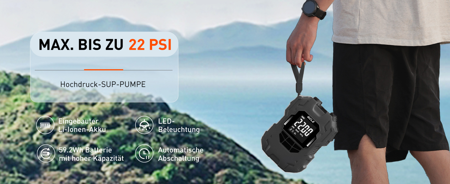 Електричний насос для сапбордів GICLE 22PSI з акумулятором Type-C, 36W, 12V DC для SUP, човнів, каяків, водних видів спорту - Сірий