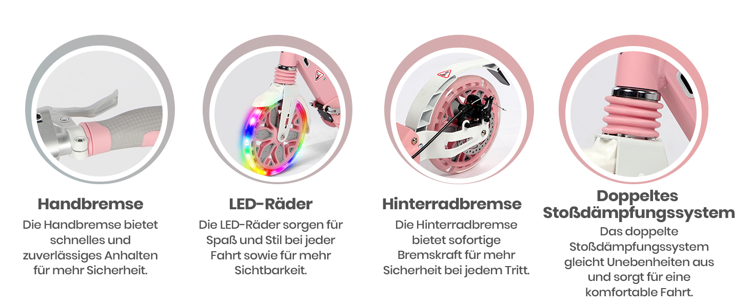Самокат трюковий Kickscooter LED рожевий, для дітей 8-12 років та дорослих, колеса 200мм, дискові гальма, складаний, з ременем та подвійною амортизацією