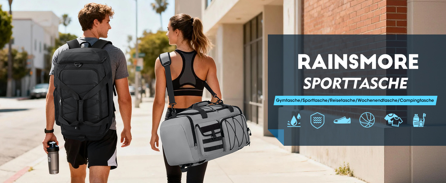 Спортивна сумка RAINSMORE 45L 3-в-1 для фітнесу та подорожей, водонепроникна дорожня сумка з відділенням для взуття та мокрих речей, чорна