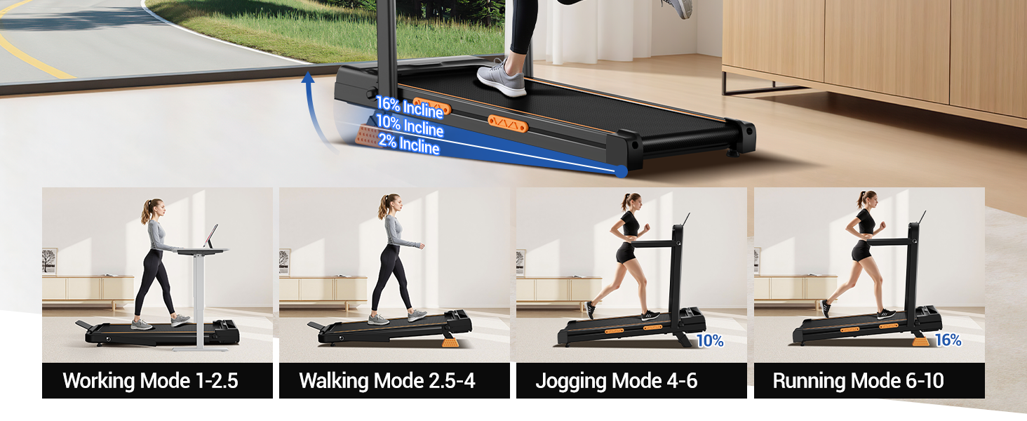 Біговий тренажер UMAY для дому, складаний, з нахилом 16%, 10 км/год, з пультом ДУ, LED-дисплеєм, з поручнями, потужність 2.5CV, максимальне навантаження 136 кг, 4 в 1