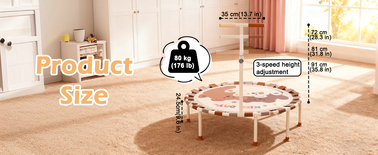 Батут дитячий для дому та саду Ø101 см з регульованою ручкою та пружинним ременем, батут для фітнесу для хлопчиків та дівчаток від 3 років, до 80 кг, бежевий