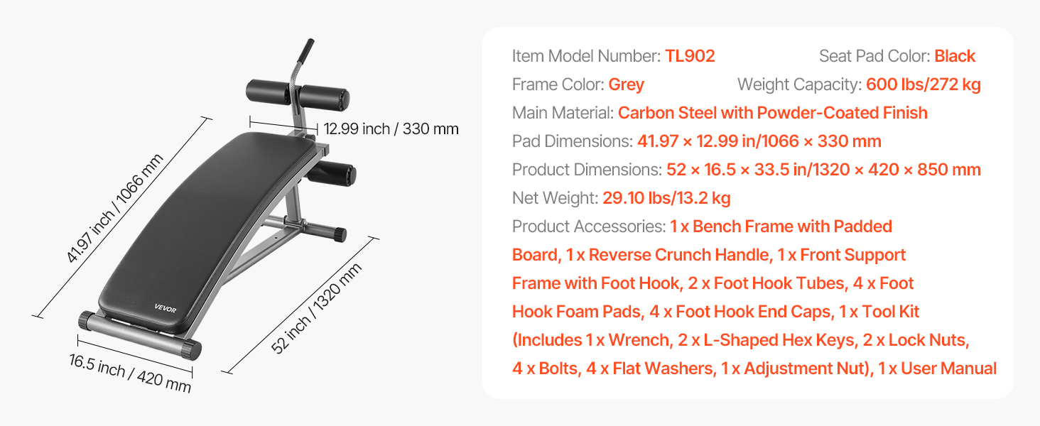 VEVOR Лавка для пресу з перевернутим хватом, регульована висота, міцна сталь, до 227 кг, для фітнесу вдома, силові тренування, розвиток м'язів всього тіла