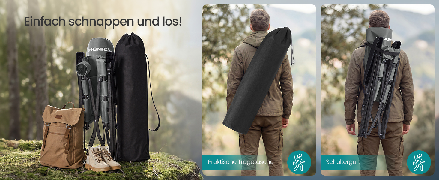 Складний туристичний стілець SONGMICS для дорослих, регульована спинка, обертається, з підстаканником, для відпочинку, кемпінгу, риболовлі, сірий