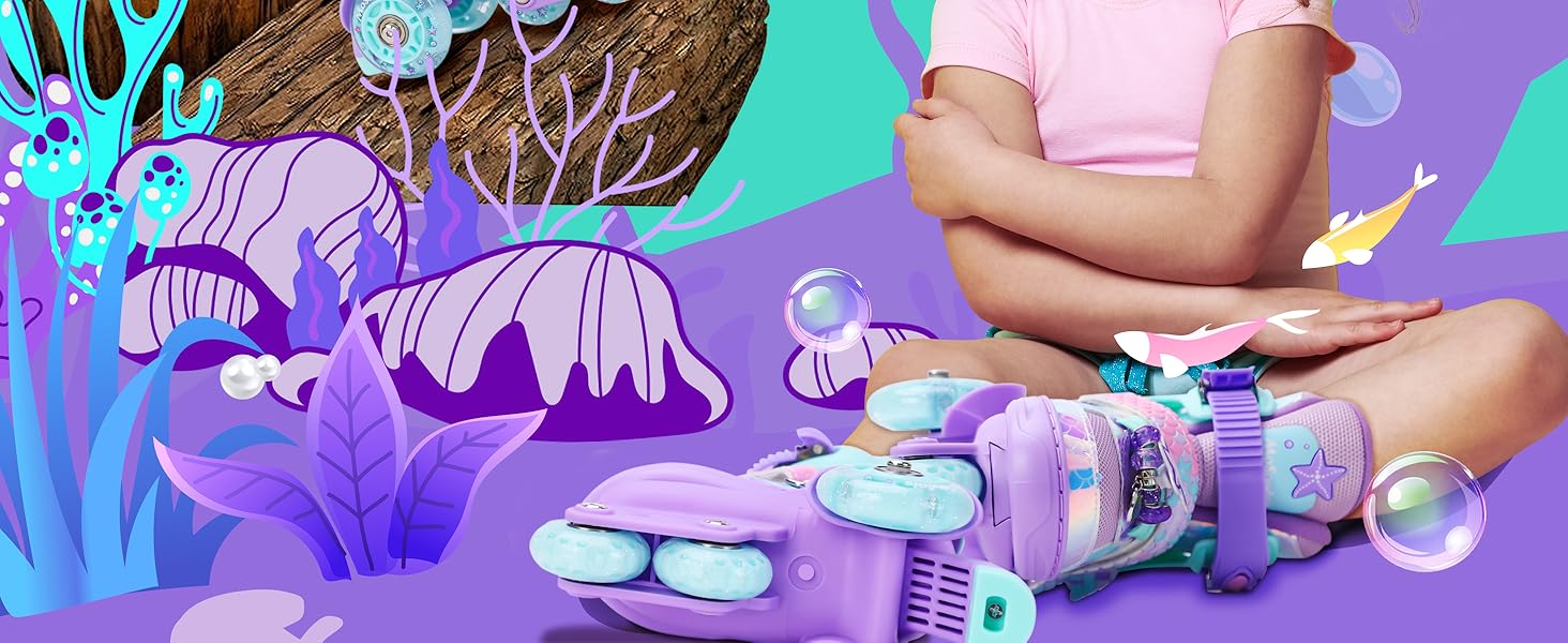 Дитячі ролики Meerjungfrau для дівчаток, 4 розміри, регульовані, з підсвічуванням, 3 колеса, фіолетовий