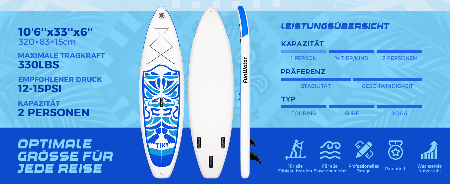 Надувний SUP-борд FunWater 10'6' та 11'6' з аксесуарами: весло, насос, рюкзак, плавники. Підходить для всіх рівнів підготовки. Рожевий та блакитний кольори.