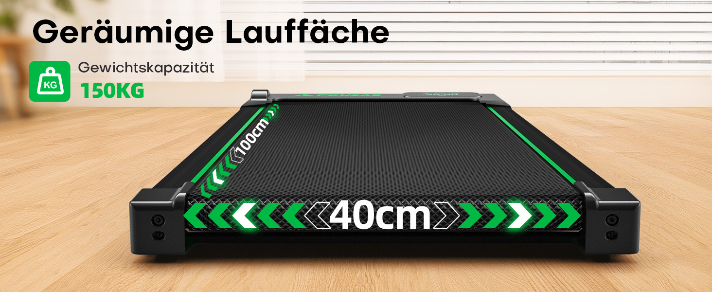 Walking Pad FOUSAE: Бігова доріжка для дому з регулюванням нахилу до 9%, LED-дисплеєм, пультом керування та мобільним додатком, 12 програм, до 150 кг, чорно-зелений