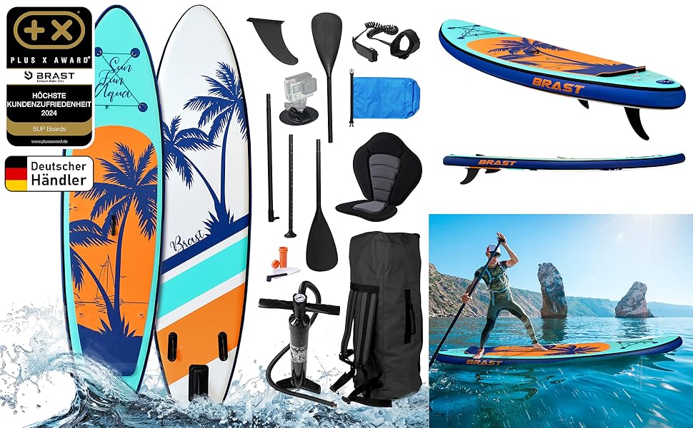 Надувний SUP Борд BRAST Tropic | Комплект для станд ап паддлбордингу | 320x81x15 см | 6 дизайнів | 5 років гарантії | з аксесуарами | 2в1: SUP та каяк | тримач для Action-Cam, лапка, насос, рюкзак | Гаваї