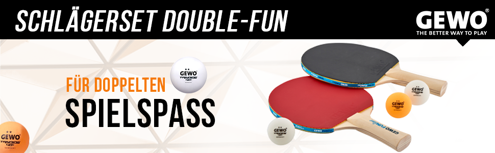 Набір для настільного тенісу GEWO Fun – одиночні та комплекти (1-4 ракетки, м'ячі, сумка, сітка) для початківців, хобі та відпочинку. Поверхня з гумовими ніжками, ергономічна ручка. Комплектація: 4 ракетки + 10 м'ячів + сумка (2 ракетки + 3 м'ячі + сумка)