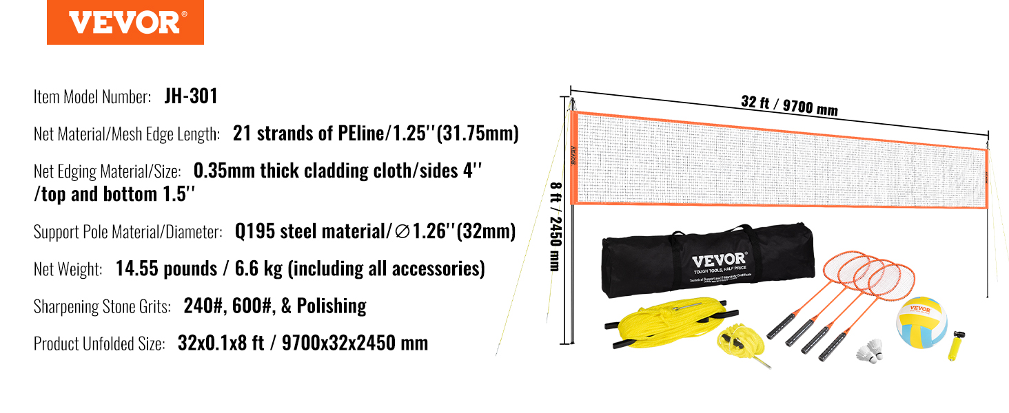 Мережа для волейболу та бадмінтону VEVOR, регульована по висоті, 91,44 x 970 см, портативна, оранжева, складана, з сумкою та ракеткою для бадмінтону