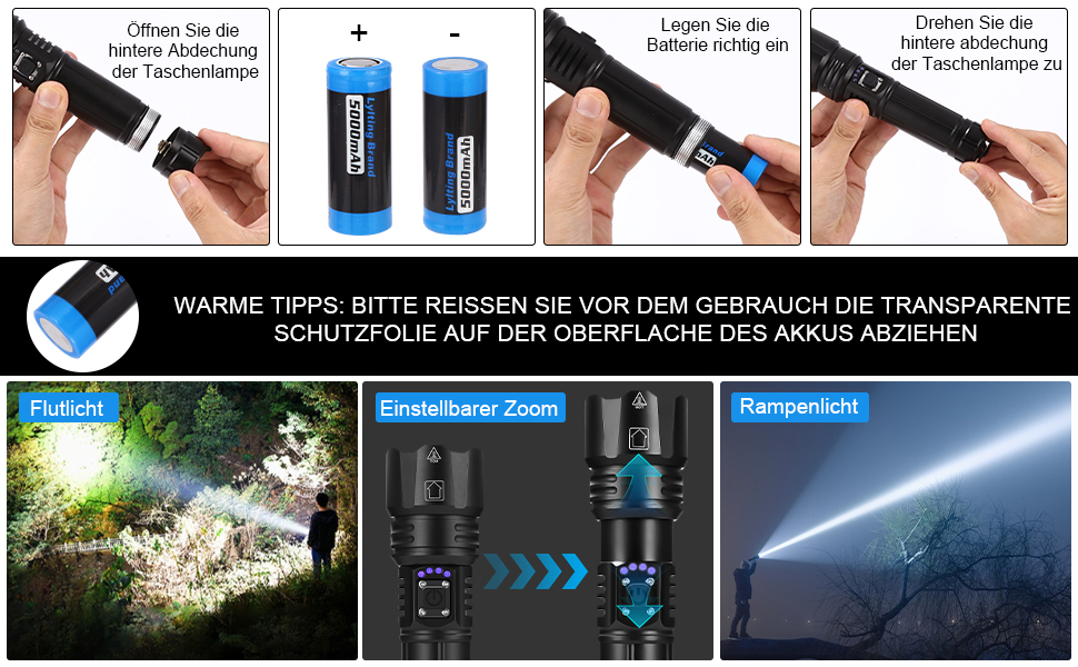 Ліхтар LED Azyvum P70-kit: надпотужний, 1000000 люмен, тактичний, водонепроникний IP67, 5 режимів, для кемпінгу, риболовлі, туризму та надзвичайних ситуацій