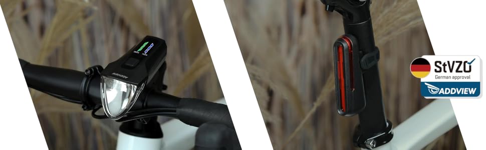 Велофара ADDVIEW Starlight – комплект фар із сертифікацією StVZO, 70 Lux LED, USB-C, акумулятор, IP65, 170м, авто-режим, датчик руху, велоосвітлення