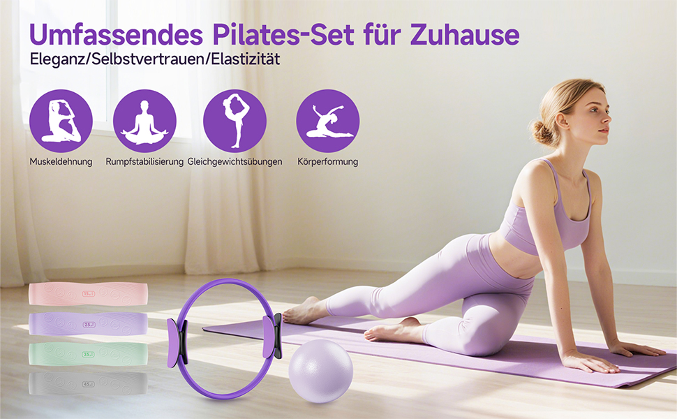 Комплект для пілатесу: кільце, стрічки опору (15-45 lbs), фітнес-м'яч, для дому, сили, гнучкості, стабільності та підтяжки