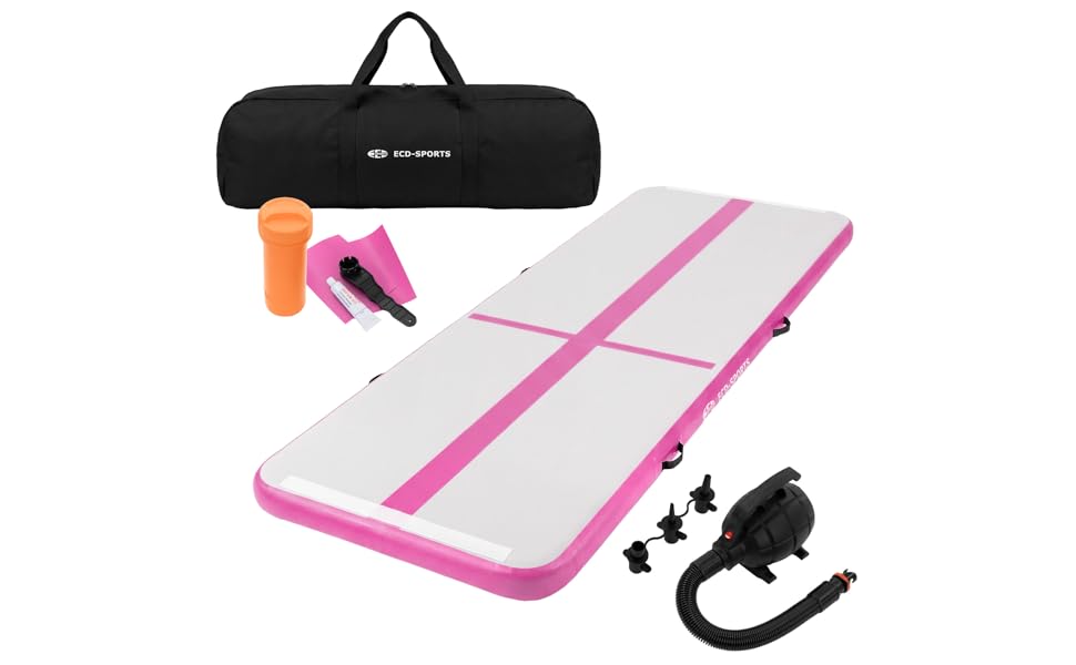 Килимок гімнастичний надувний ECD Germany Airtrack 3м/4м/5м, Рожевий/М'ятно-зелений, з електронасосом та сумкою для тренувань, фітнесу, йоги