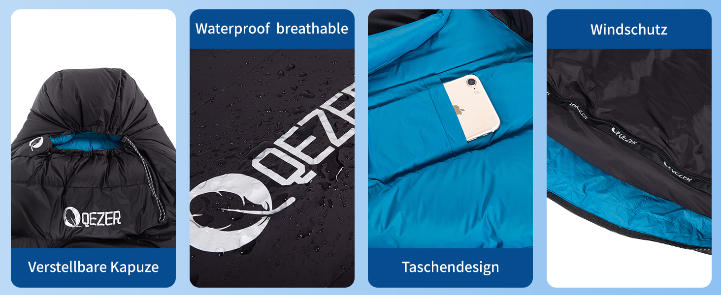 Спальний мішок зимовий теплий легкий 0°C -23°C для дорослих та дітей, 4 сезони, кемпінг, відпочинок на природі, чорний, сапфірово-синій