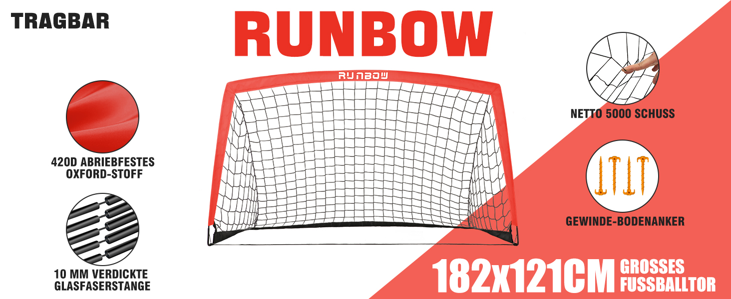 Дитячі ворота для футболу RUNBOW 1,8 x 1,2 м, переносні, з сумкою (2 шт., червоні)