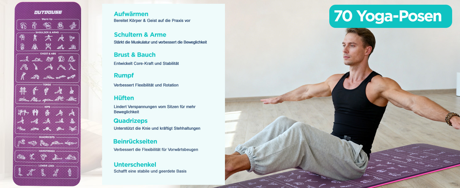 Килимок для йоги Sportmatte – 70 з друкованими позами йоги, неслизький матеріал TPE, для гімнастики, пілатесу, дому та подорожей, фітнес килимок для жінок та чоловіків, 181x63x0,6 см, рожевий та фіолетовий