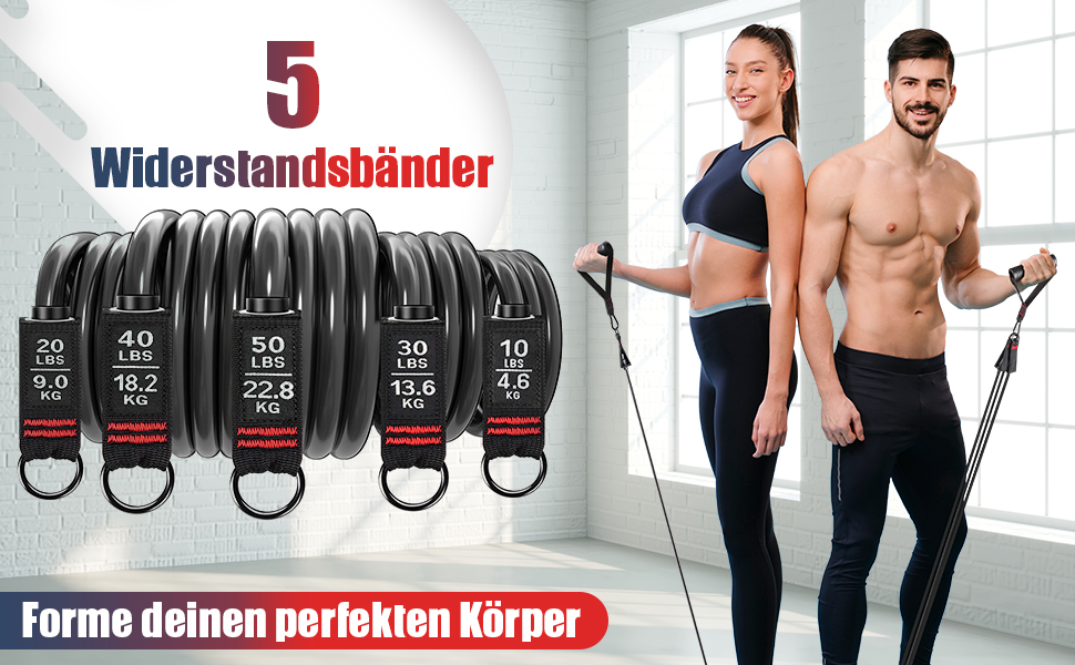 Набір еластичних стрічок для фітнесу з гумовими ручками, посібник, манжети для щиколоток, кріплення для дверей, сумка, 5 рівнів опору (150 lbs)