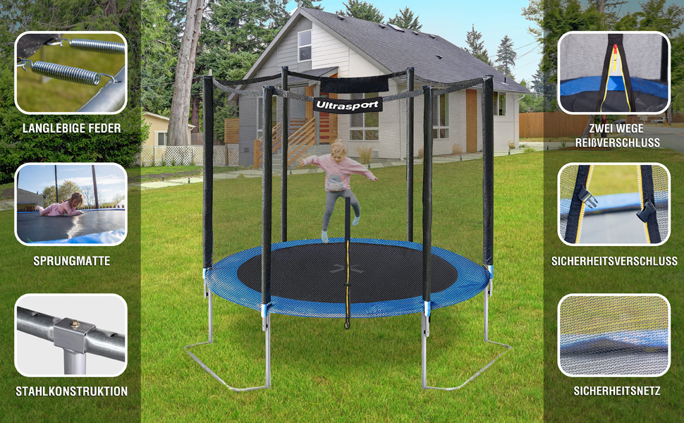 Трамплін Ultrasport SICHERSTE для дітей на відкритому повітрі Ø180/244/305/366/430 см, до 150 кг, з тихою гумовою пружиною, повний комплект з сіткою безпеки, аксесуари, садовий, безпечний (блакитний, Safe 244 см)