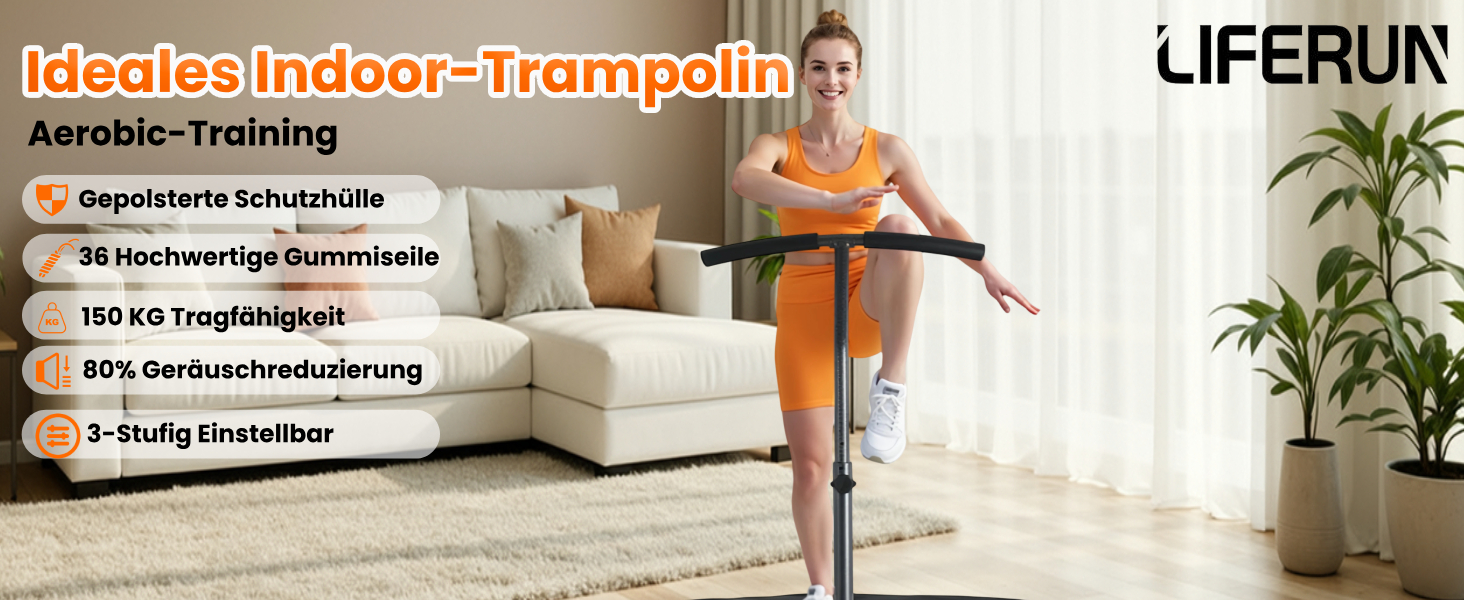 Трамплін для фітнесу LIFERUN для дому | Діаметр 102/122 см | Макс. вага 150 кг | З бортиком та ручками | Без монтажу | Для дітей та дорослих