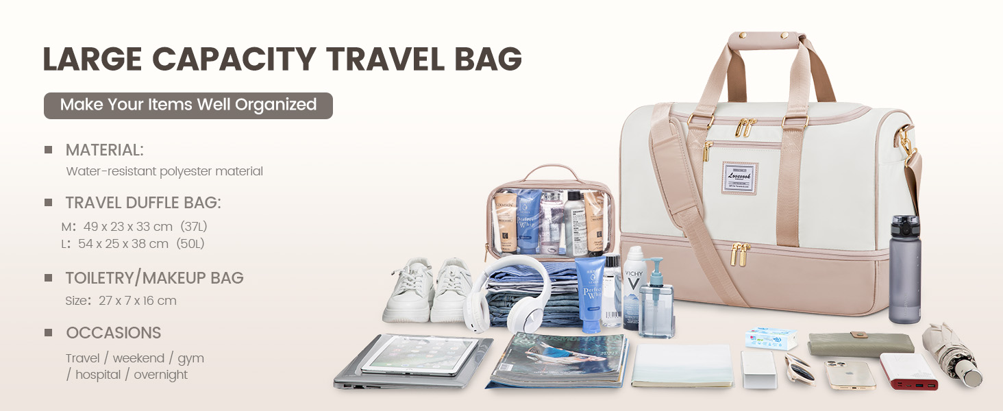 Сумка-валіза LOVEVOOK для жінок, 37L, для подорожей, вихідної подорожі, пологового будинку з косметичкою, відділенням для взуття та мокрих речей, водонепроникна спортивна сумка, Gym Yoga Bag, ручна поклажа для спорту, відпустки, літака, бежево-рожева