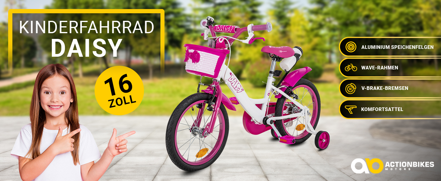 Дитяче велосипед Actionbikes Daisy 12/16 дюймів з V-Brake гальмами | Для дітей 2-9 років | З брудозахисниками | Підходить для дівчаток та хлопчиків
