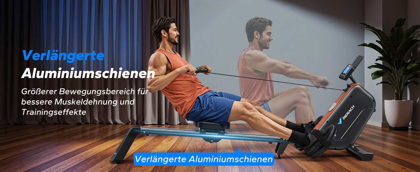 Гребний тренажер MERACH для дому, складаний, з магнітним приводом, тихий, з додатком, подовжені направляючі рейки, електричне регулювання (Plug-in)