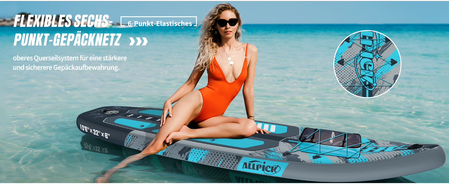 Надувний SUP Борд ALLPICK Premium Set: Комплектація для початківців та просунутих, з камерою, регульованим веслом, 200 кг, колір: ошм'ятково-блакитний