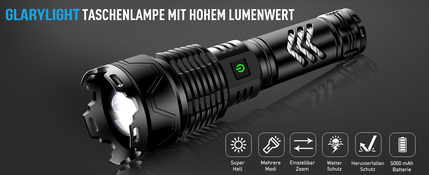 Ліхтар LED Glarylight USB-C, 500000 люкс, 5 режимів, водонепроникний IPX7, для кемпінгу та туризму