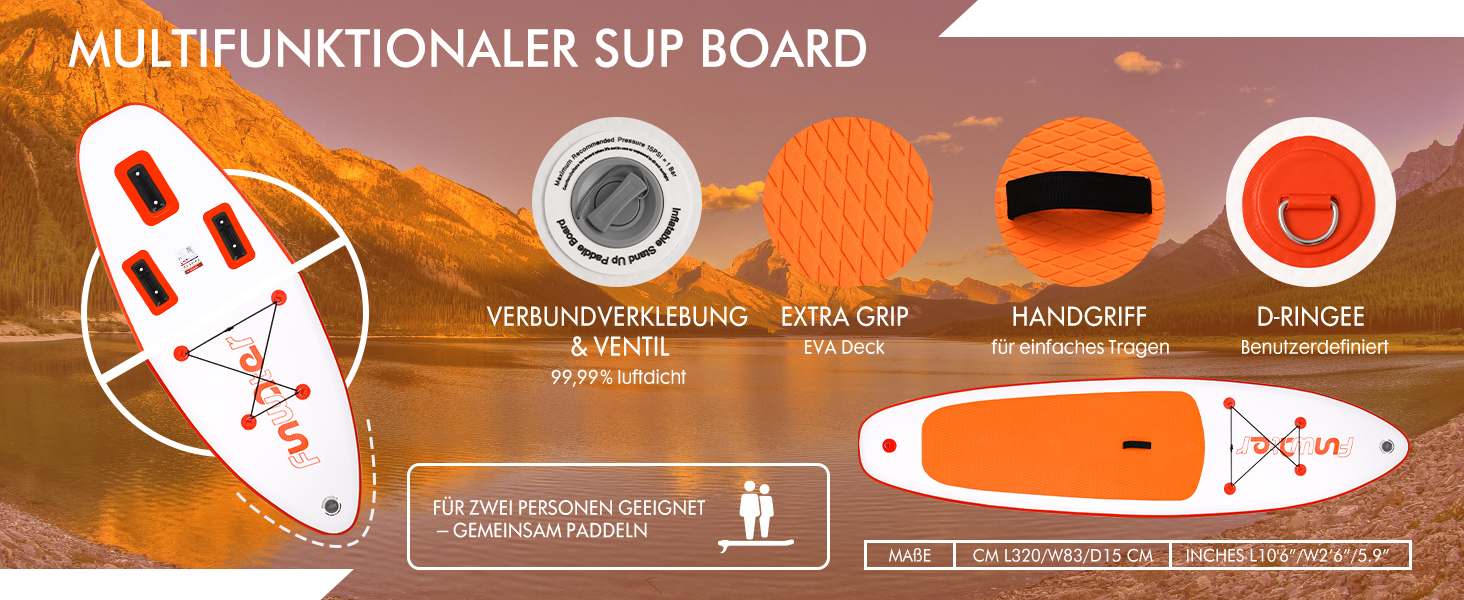 Надувний SUP-борд FunWater 320CM – комплект: весло, рюкзак, 3 ласти, насос, лінь – для початківців та досвідчених райдерів, 10'6, Orange/Weiß