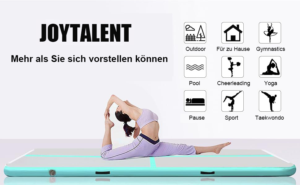 JOYTALENT Надувний гімнастичний мат Air Matte Track, 3 м, висота 10 см, з насосом для занять гімнастикою, акробатикою, йогою вдома, на вулиці або в залі. Розмір: 300 x 100 x 10 см, колір: зелений