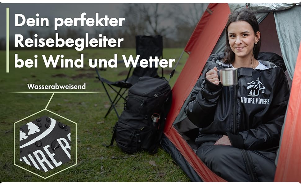 Спальний мішок з рукавами Nature Rovers – дорослий, для кемпінгу та відпочинку на природі (3 сезони), водонепроникний, з отворами для ніг, включає подушку, чорний