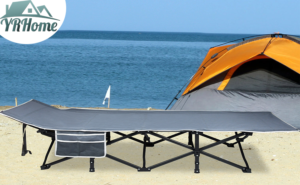 Складне кемпінгове ліжко YRHome для відпочинку на природі: надійне металеве каркас, міцна тканина Oxford 600D, з кишенею та сумкою для перенесення (190x62x38 см, до 250 кг)