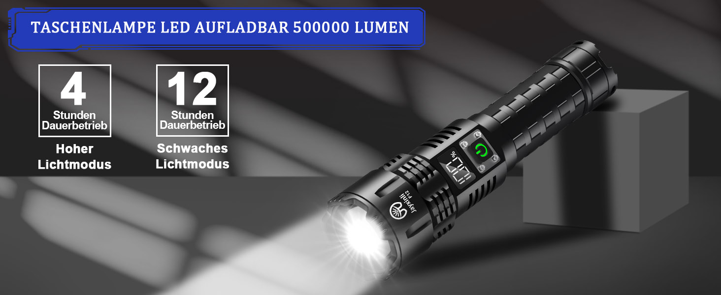 Ліхтар Jayxinli 500000 Люмен, акумуляторний, надпотужний, з регулюванням фокусу, 3 режими, тактичний, для кемпінгу, надзвичайних ситуацій та повсякденного використання, чорний