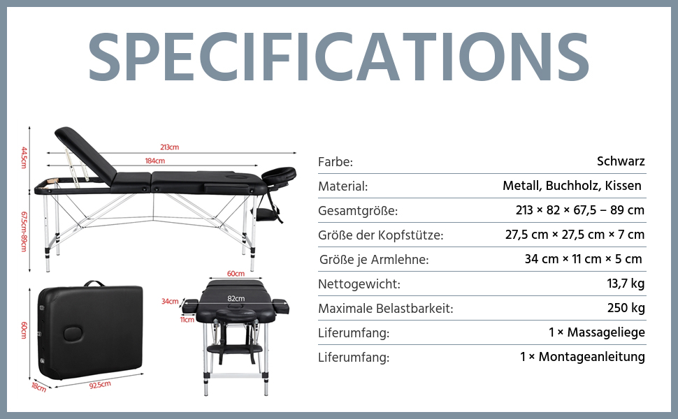 Масажний стіл Yaheetech Масажне ліжко Розкладний терапевтичний стіл Масажний стіл 3 зони Ергономічний масажний стіл з підголівником і підлокітниками, шириною 70 см, (213 x 82 см, чорний)