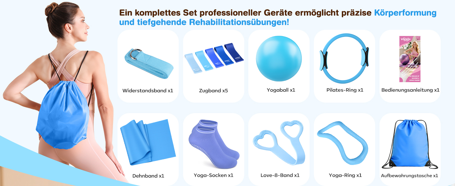 Набір для пілатесу 13 шт: кільце 13', м'яч 10' та еластичні стрічки для жінок вдома. Комплект обладнання для пілатесу для початківців, стрічки та аксесуари (блакитний)