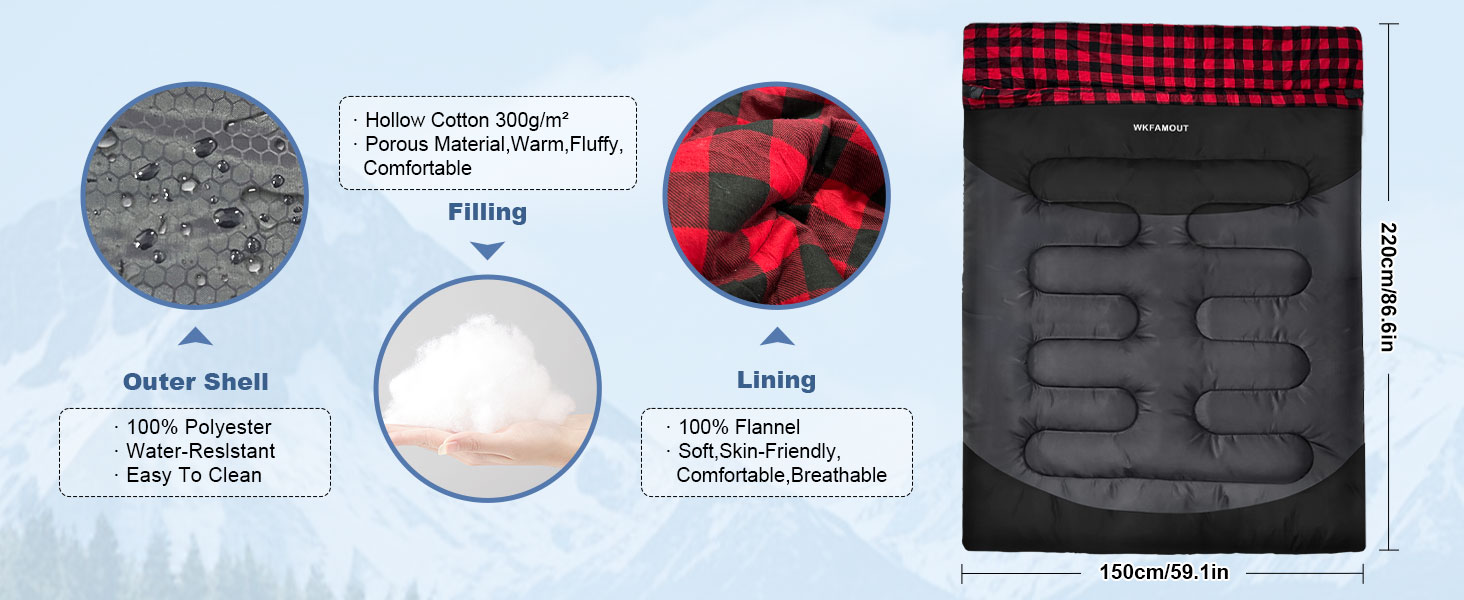 Спальний мішок для двох дорослих, ковдровий, водонепроникний, фліс, 220x150 см, чорний, з сумкою для зберігання