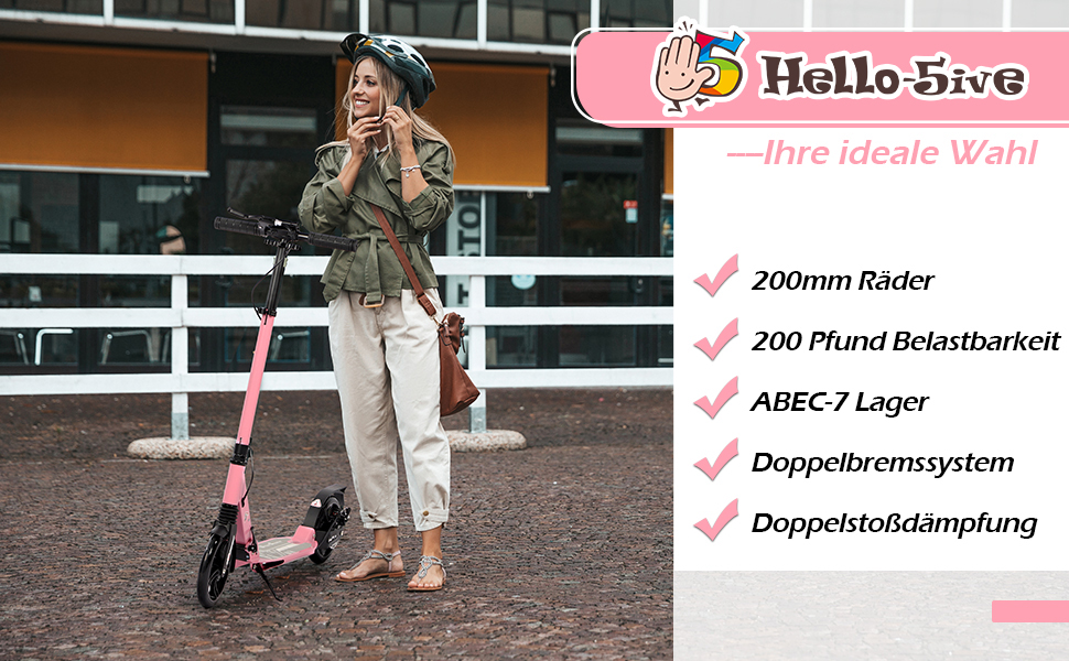 Дитячий складаний самокат з великими колесами 200 мм, гальма дискові, регульована висота, для дітей 8-15 років (Рожевий)