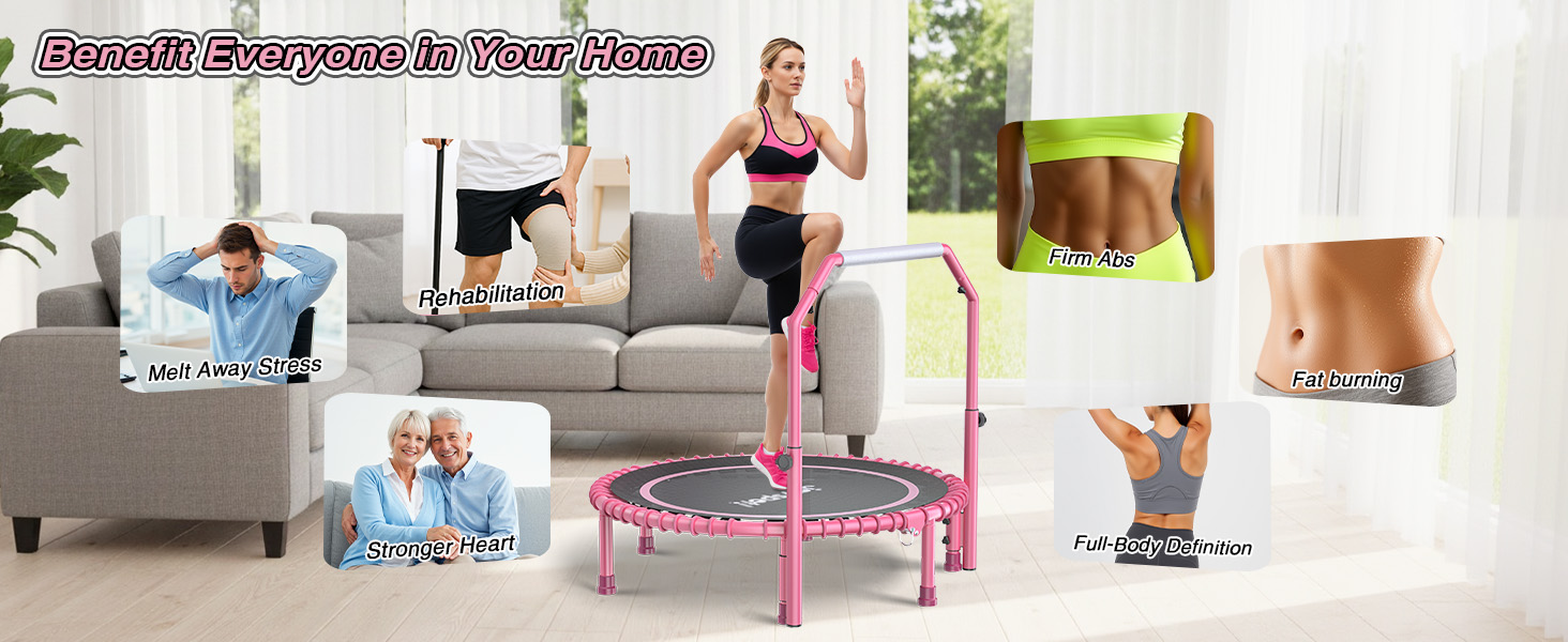 Міні-батут для фітнесу JOY SPOT! Ø102 см, складний, з пружинами та регульованою ручкою, вантажопідйомність 204 кг, для дому та вулиці, з скакалкою